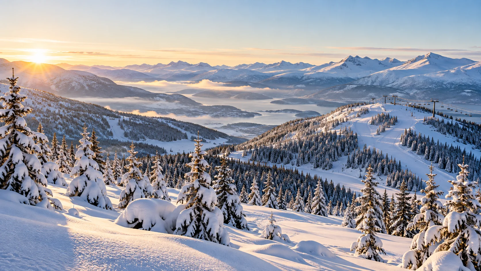 Illustrasjon av vinterfjell i morgenlys